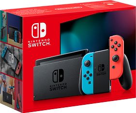 Nintendo Switch -pelikonsoli, neonpunainen ja neonsininen