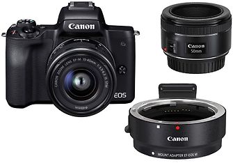 Canon EOS M50 -mikrojärjestelmäkamera, musta + 15-45 mm + 50mm f/1.8 STM objektiivit