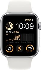 Apple Watch SE (GPS + Cellular) 44 mm hopeanvärinen alumiinikuori ja valkoinen urheiluranneke (MNQ23), kuva 2