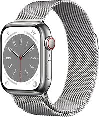 Apple Watch Series 8 (GPS + Cellular) 41 mm hopeanvärinen ruostumaton teräskuori ja hopeanvärinen milanolaisranneke (MNJ83)