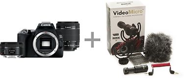 Canon EOS 250D -järjestelmäkamera, musta + 18-55 IS STM + 50 mm 1.8 STM + Rode VideoMicro, kuva 2