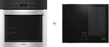 Miele H 7364 BP -erillisuuni, teräs ja Miele KM 7464 FR -induktiotaso