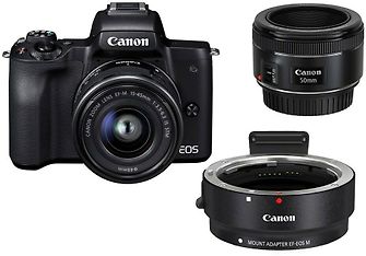 Canon EOS M50 -mikrojärjestelmäkamera, musta + 15-45 mm + 50mm f/1.8 STM objektiivit + nahkakotelo