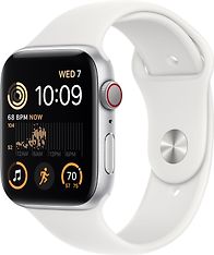 Apple Watch SE (GPS + Cellular) 44 mm hopeanvärinen alumiinikuori ja valkoinen urheiluranneke (MNQ23)