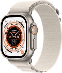 Apple Watch Ultra (GPS + Cellular) 49 mm titaanikuori ja tähtivalkea Alpine-ranneke, pieni (MQFQ3)