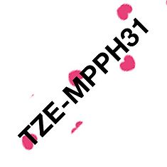 Brother TZEMPPH31 -laminoitu tarranauha, musta teksti/valkoinen pinkin sydämin kuvioitu pohja, kuva 2