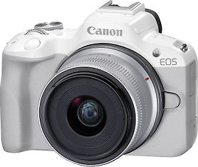 Canon EOS R50 -järjestelmäkamera, valkoinen + 18-45 mm objektiivi