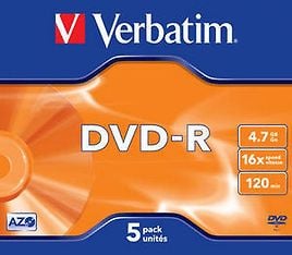 Verbatim DVD-R 16X media 4.7GB, 5 kpl paketti muovikoteloissa. Advanced Azo tallennuspinta. Tallennus 16X nopeudella