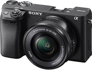 Sony A6400 -mikrojärjestelmäkamera + 16-50 mm objektiivi + lisäsalama