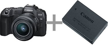 Canon EOS R8 -järjestelmäkamera + 24-50 mm objektiivi + lisäakku