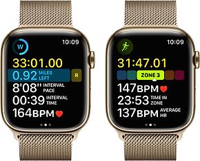 Apple Watch Series 8 (GPS + Cellular) 45 mm kullanvärinen ruostumaton teräskuori ja kullanvärinen milanolaisranneke (MNKQ3), kuva 7