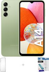 Samsung Galaxy A14 -puhelin, 64/4 Gt, vihreä + silikonisuoja ja panssarilasi