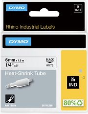Dymo Rhino Industrial -kutistesukkatarra 6 mm x 1,5 m, valkoinen putki/musta teksti