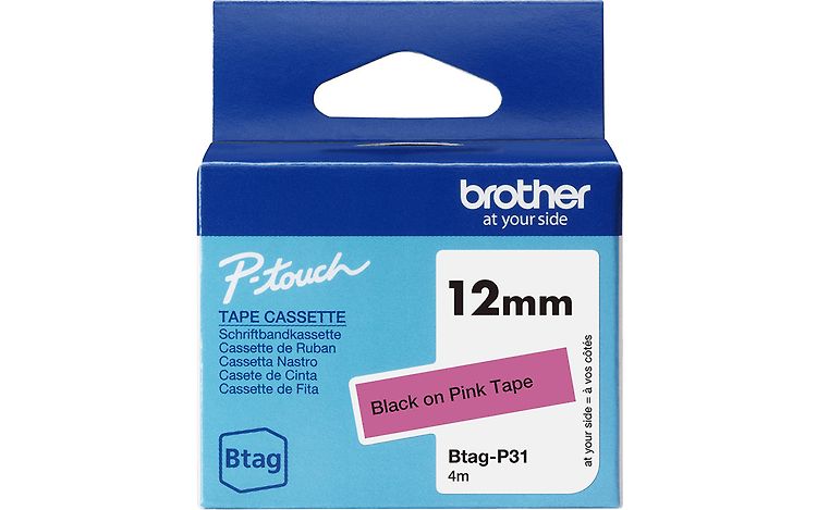 Brother Btag-P31 - label tape 12 mm x 4 m, black on pink background ...